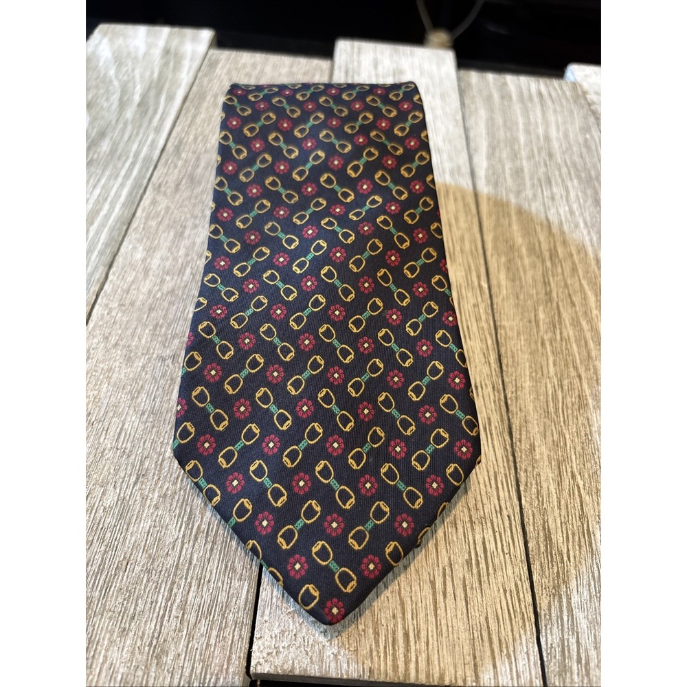 BROOKS BROTHERS Makers 100% Navy Blue Tie Equestrian Flower